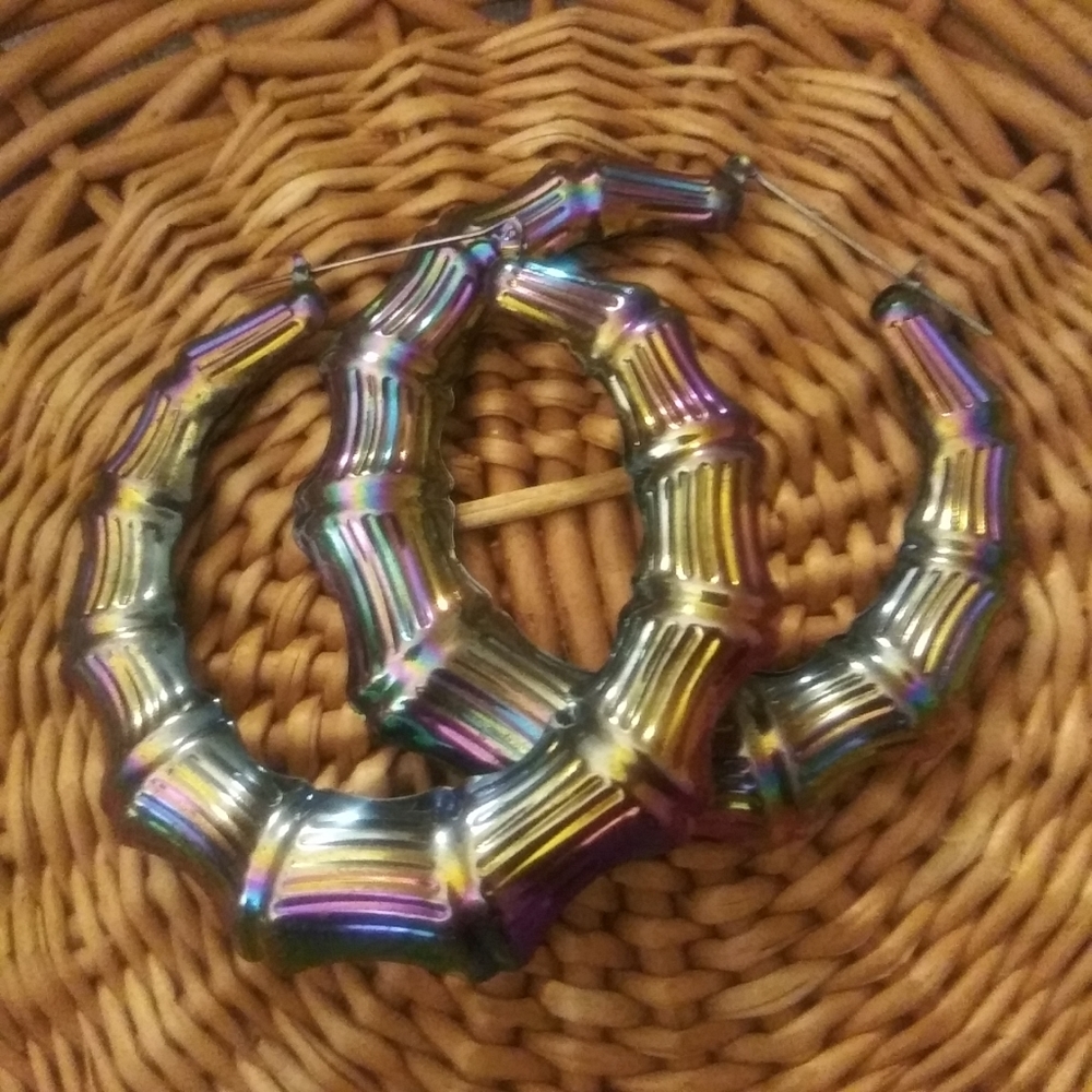 Rare Iridescent Hoop Earrings Bamboo Hoops 4" Lightweight